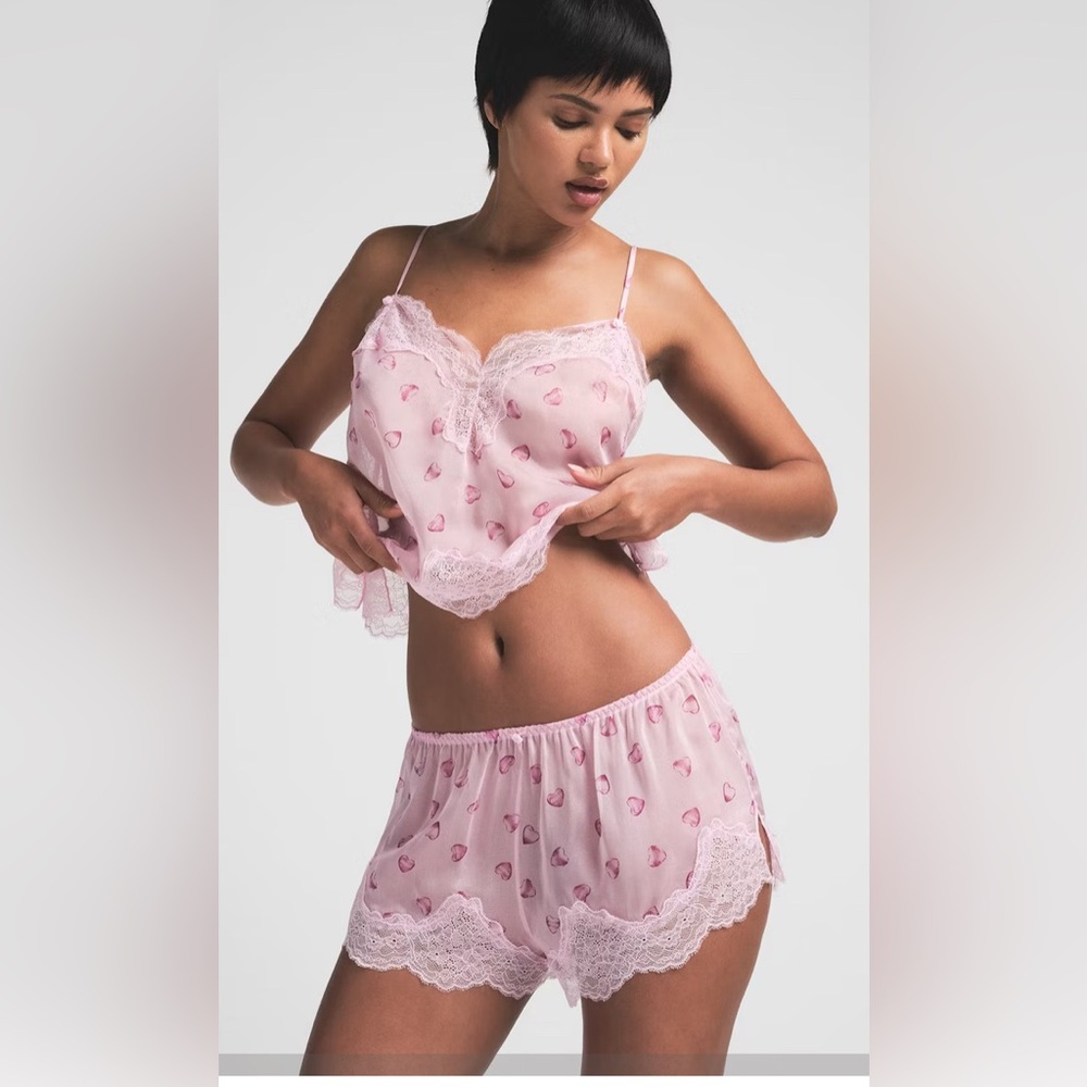 SKIMS Pink Lace Trim Heart-Print Satin Camisole & Shorts Set